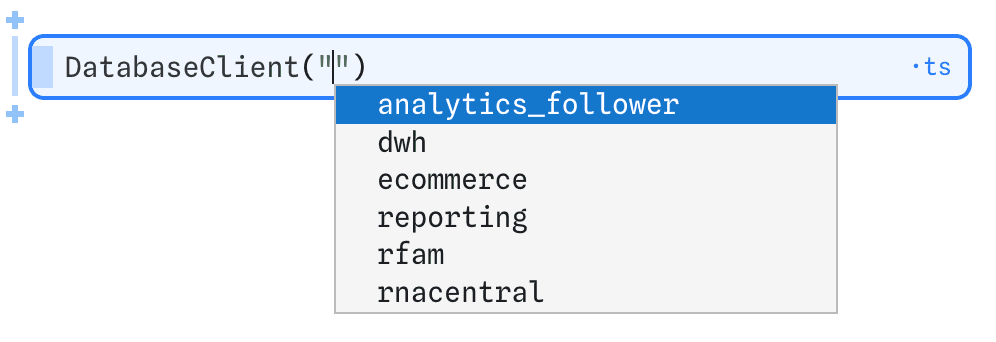 Cell editor showing autocomplete for DatabaseClient