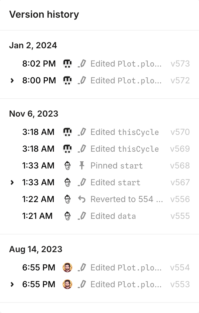 Panel showing notebook edit history with multiple versions and authors