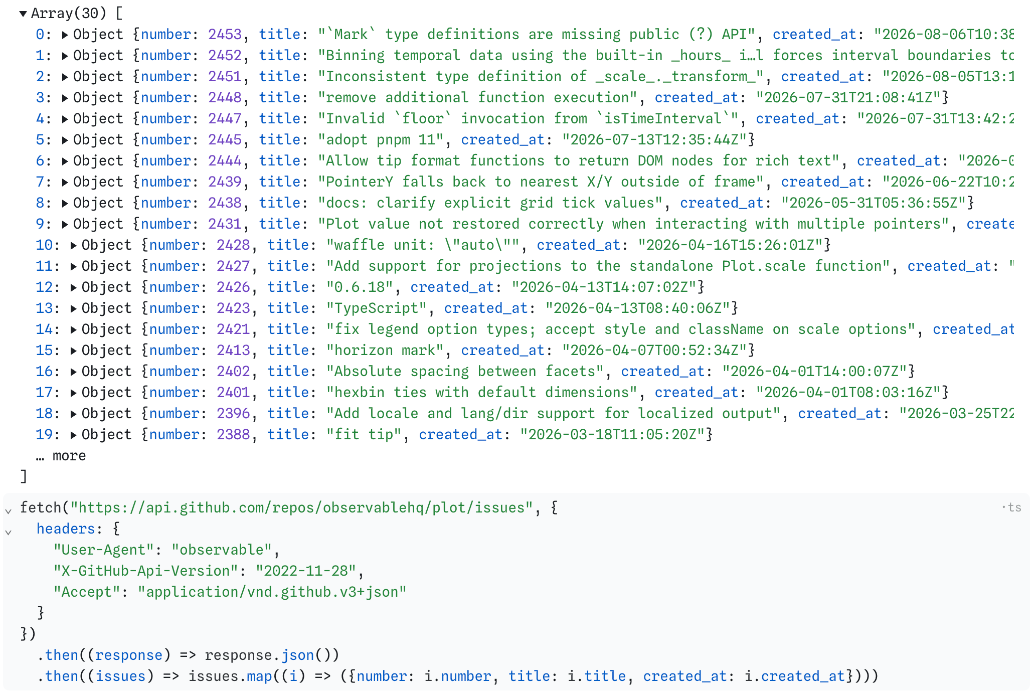 Inspector showing fetched API response